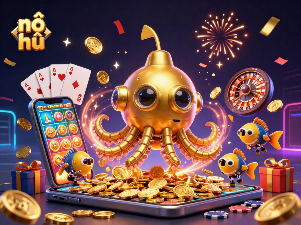Engage with nổ hũ gaming experience featuring a golden kraken submarine amidst vibrant casino elements.