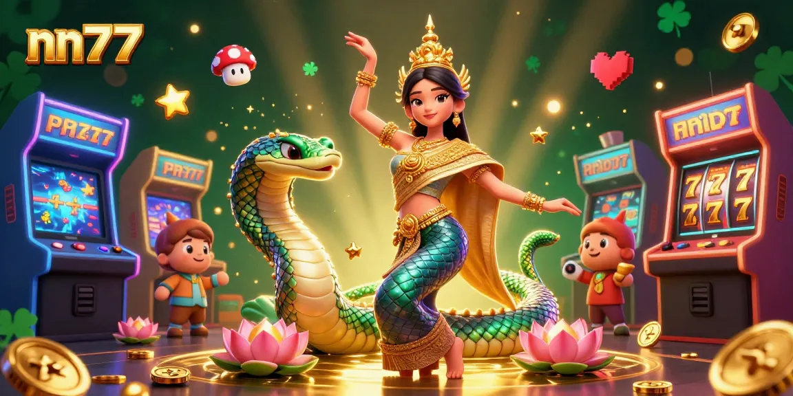 Experience exciting gaming action with nn777 featuring a dancing Asian woman, Naga serpent, and colorful casino elements.