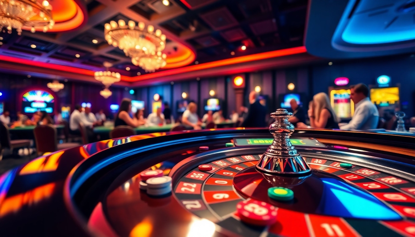 Memenangkan di interwin, suasana kasino yang semarak dengan meja roulette dan pemain.