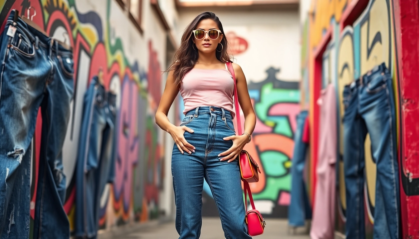 Model in jeans for tall women confidently poses against vibrant street art.