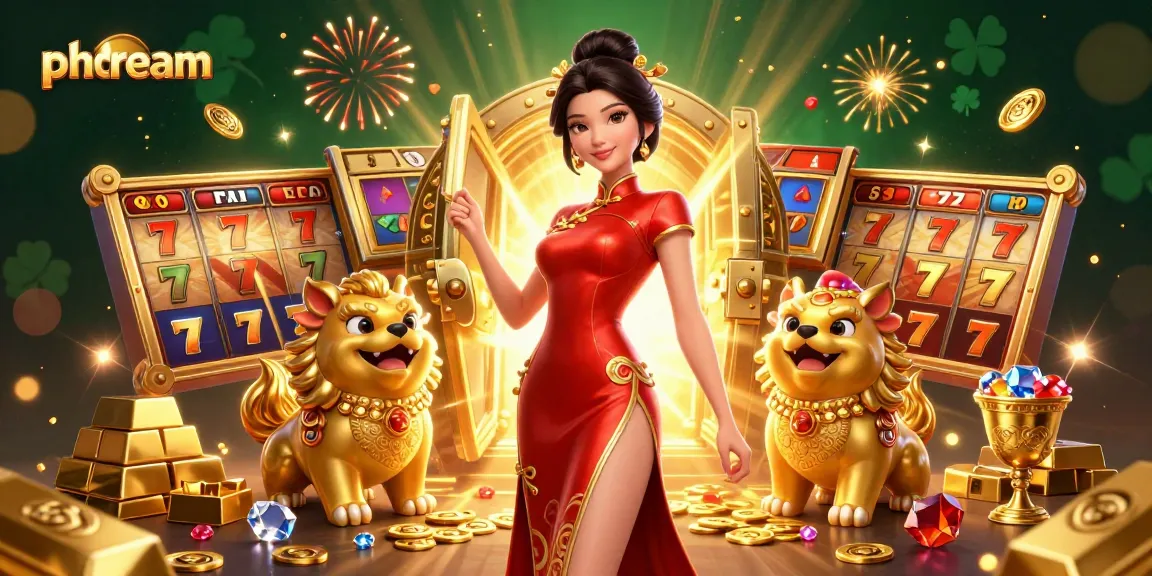 Play games with phdream's exciting slot machines and treasures in a vibrant casino illustration.