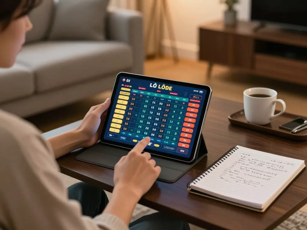 Lô đề online player engaging in strategic betting at home with tablet and notes