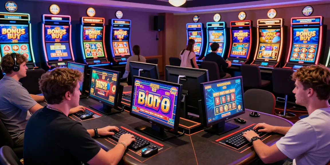 Players enjoying games at casinos not on gamstop, showcasing Bonus Buy slots and vibrant graphics in an engaging digital environment.
