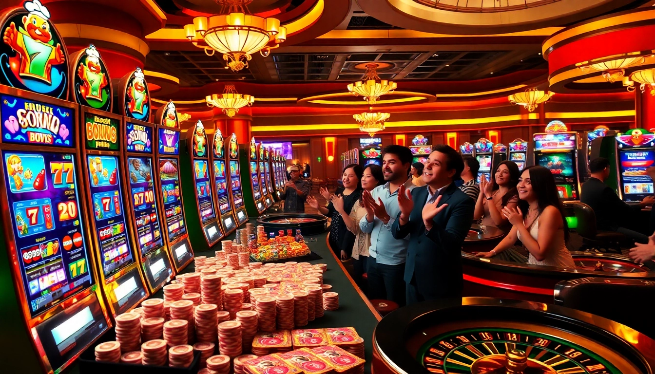Menang di slot deposit pulsa tanpa potongan dalam adegan kasino yang semarak dengan pemain yang gembira dan elemen permainan yang menarik.