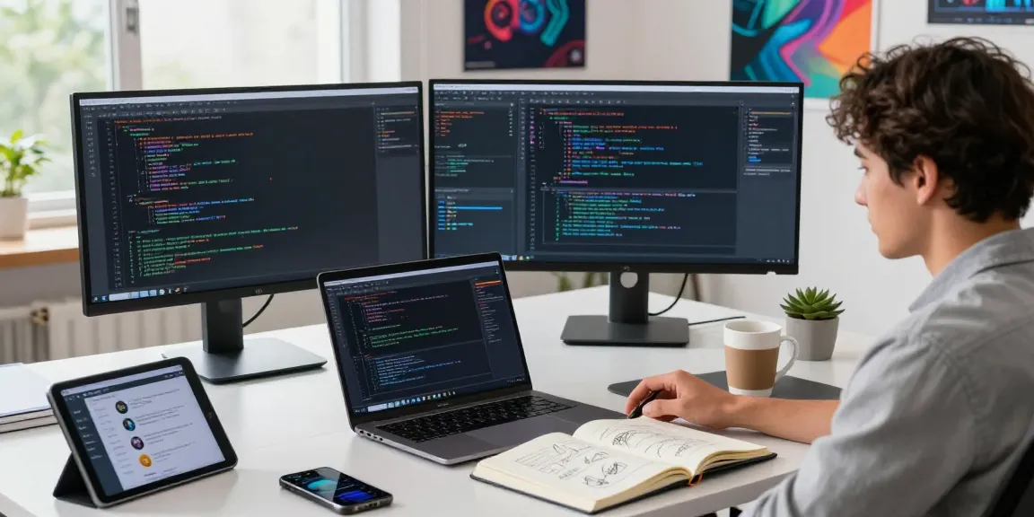 Dynamic tech workspace showcasing coding on multiple screens, highlighting 纸飞机中文版官网.