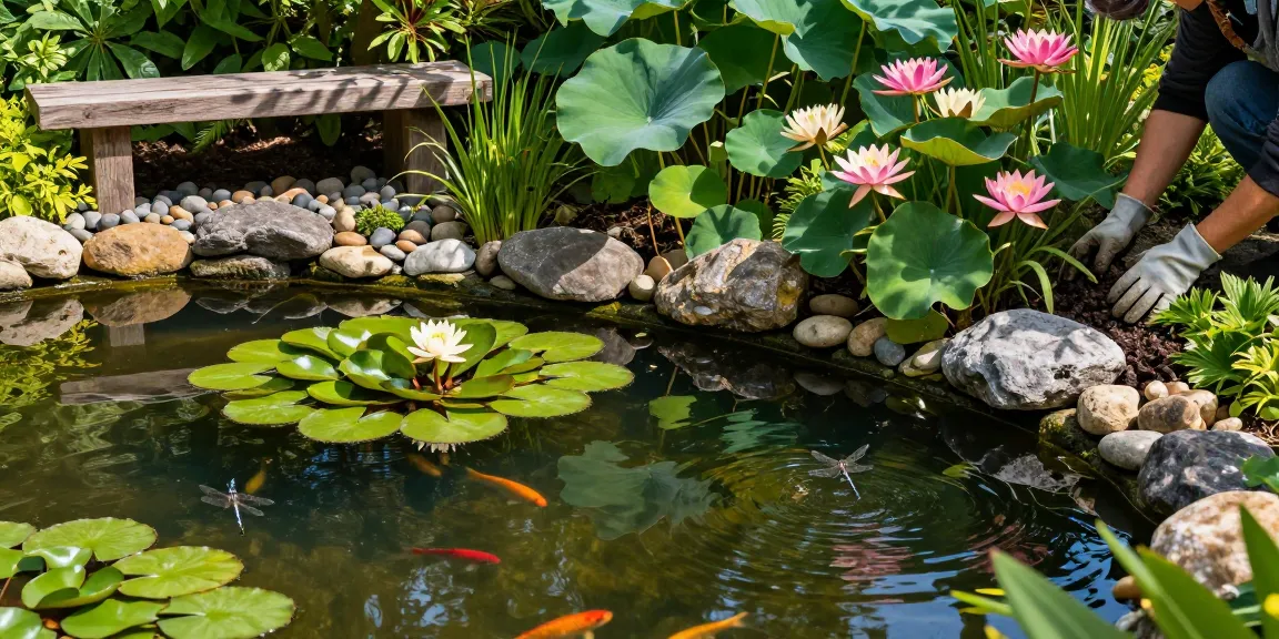 Pond plants including water lilies and lotus flowers thriving in a serene garden pond.