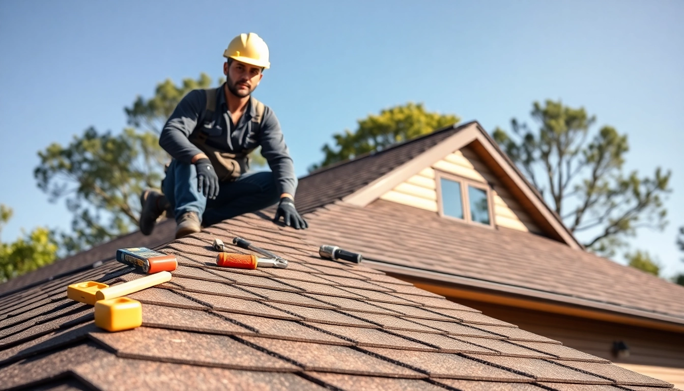 Roofing contractor diligently repairing a roof, showcasing expertise and professionalism.