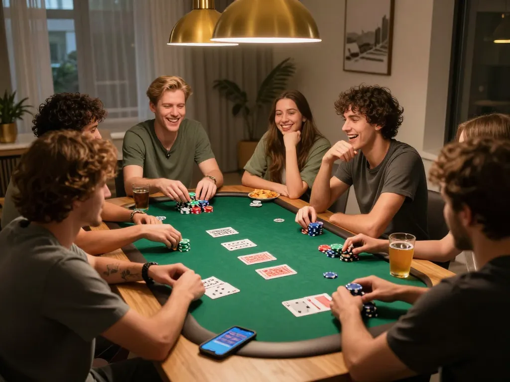 Friends enjoying poker night with vipwin app visible on smartphone, creating a lively game atmosphere.