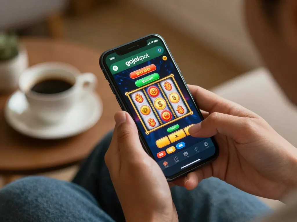 Engaging in gojekpot online gaming with a smartphone, showcasing vibrant slot interface and thrilling gameplay