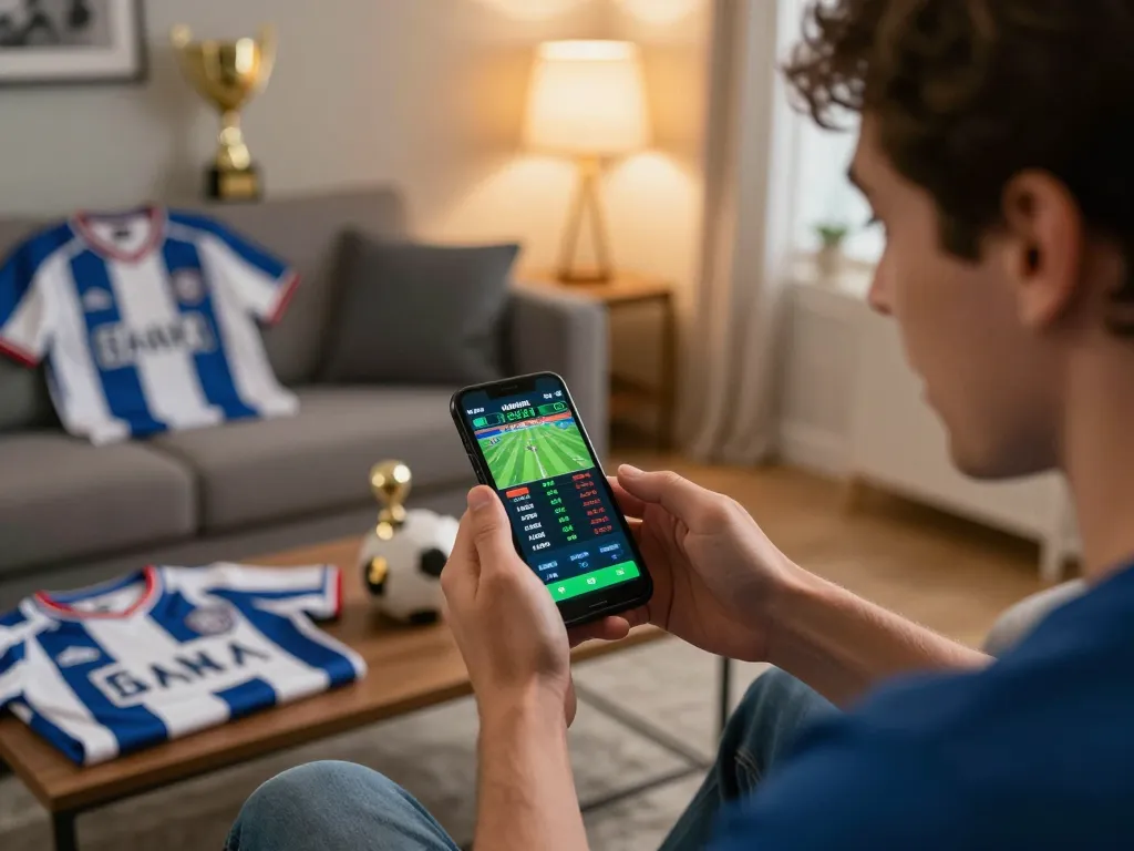 Excitedly placing sports bets on the FIVE88 mobile app in a vibrant home setting.