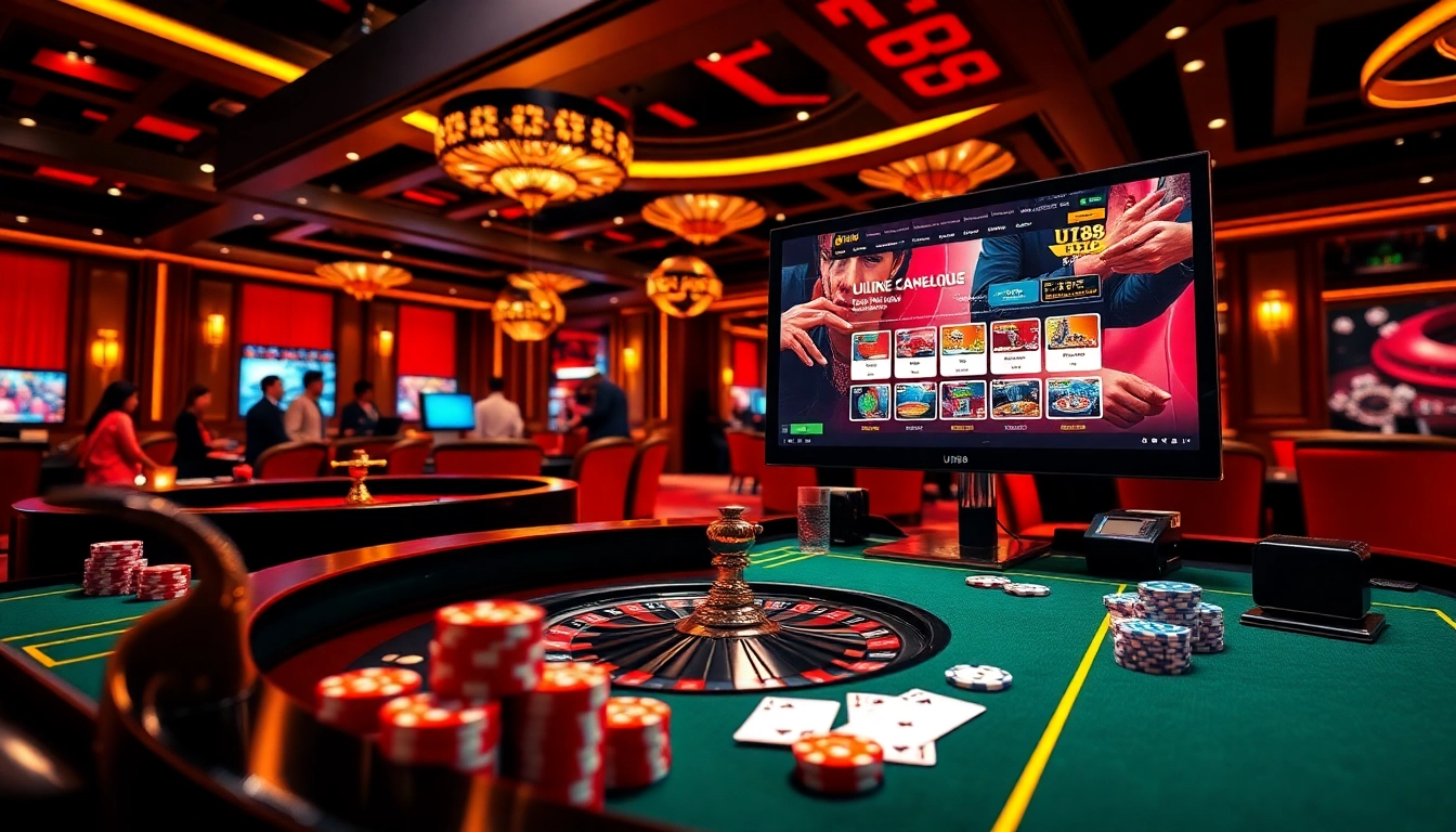 Experience thrilling gameplay at uu88 with a modern casino setting, featuring poker and roulette elements.
