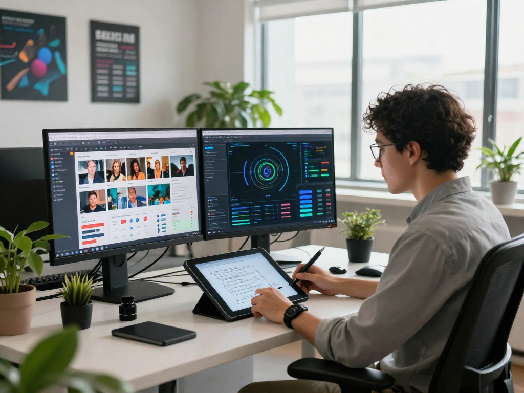 AI detector interface displayed by a technician analyzing flagged content in a modern workspace