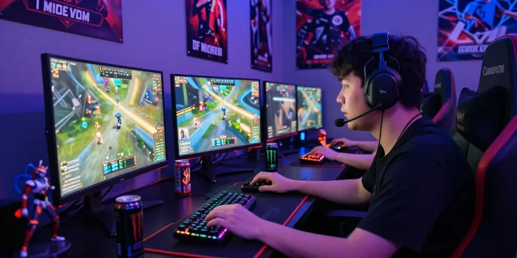 Gamer focusing intensely on gameplay in a vibrant esports setup with DJARUMBOS branding.