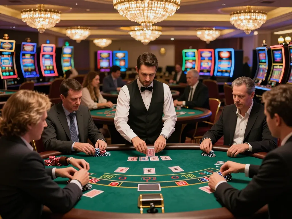 M88 mới nhất hôm nay thể hiện một môi trường blackjack hấp dẫn với những người chơi đang đặt cược một cách chiến lược trong một casino sang trọng.