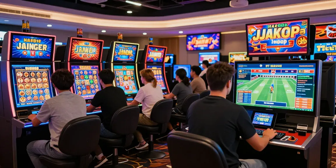 Exciting rokok88 slot gaming atmosphere with players engaged in various platforms and vibrant jackpots.
