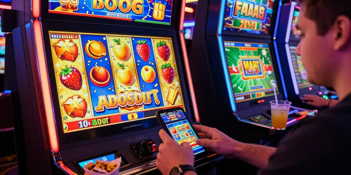 Player enjoying slot depo 5k game on mobile device amidst vibrant online casino atmosphere