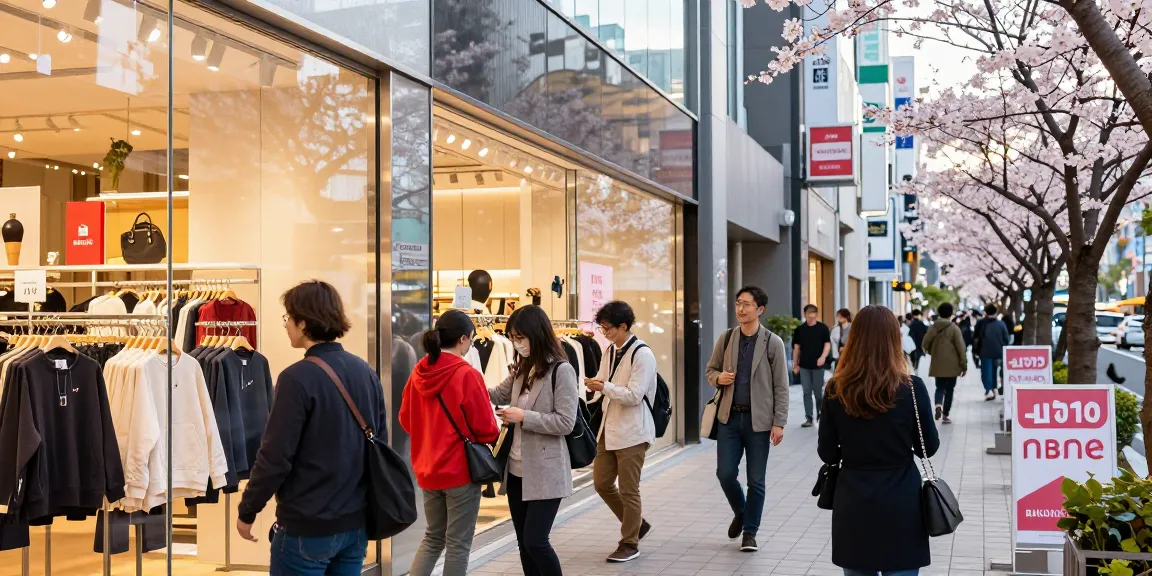 バクネ店舗横浜を探索するショッパーたち、活気に満ちた都市の雰囲気の中でトレンディなリカバリーウェアを展示する鮮やかな小売体験。