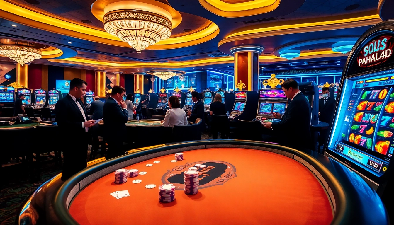 Excited gamblers playing at a luxurious casino table featuring pahala4d themed elements, chips, and cards.