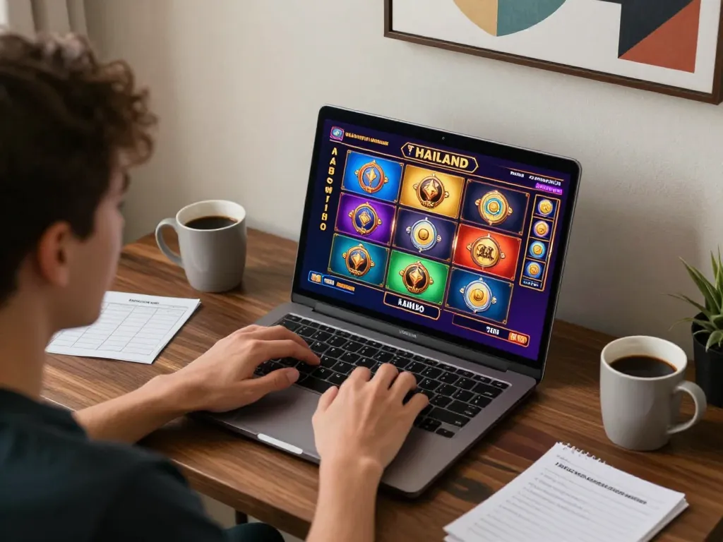 Engaging gameplay of slot thailand on a laptop with vibrant graphics in a cozy home setting