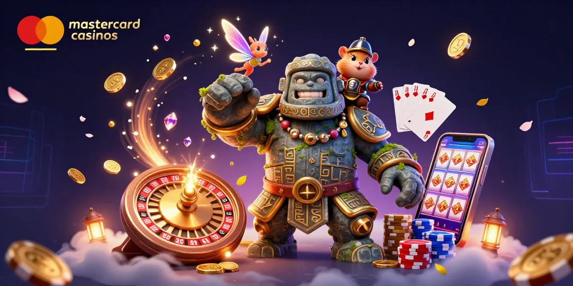 Experience the thrill of mastercard casinos with a fantasy-themed scene featuring a magical golem, fairy, and hamster knight amidst sparkling casino elements.
