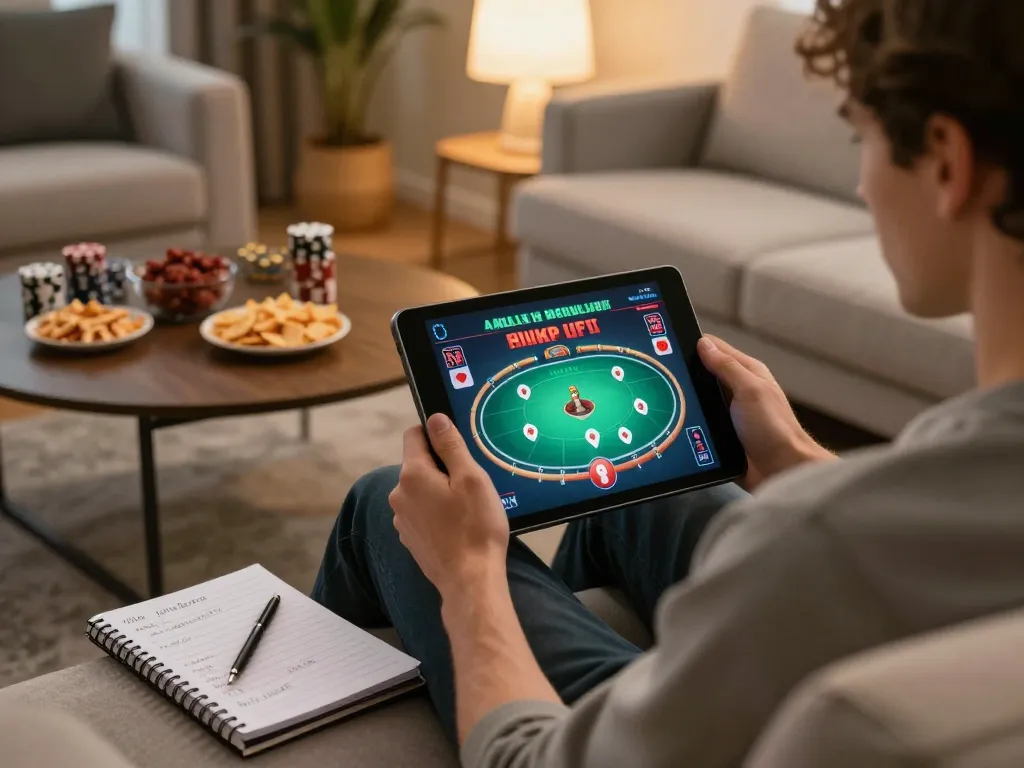 Engaging user placing bets through Link vào SBOBET on a tablet in a cozy home setup