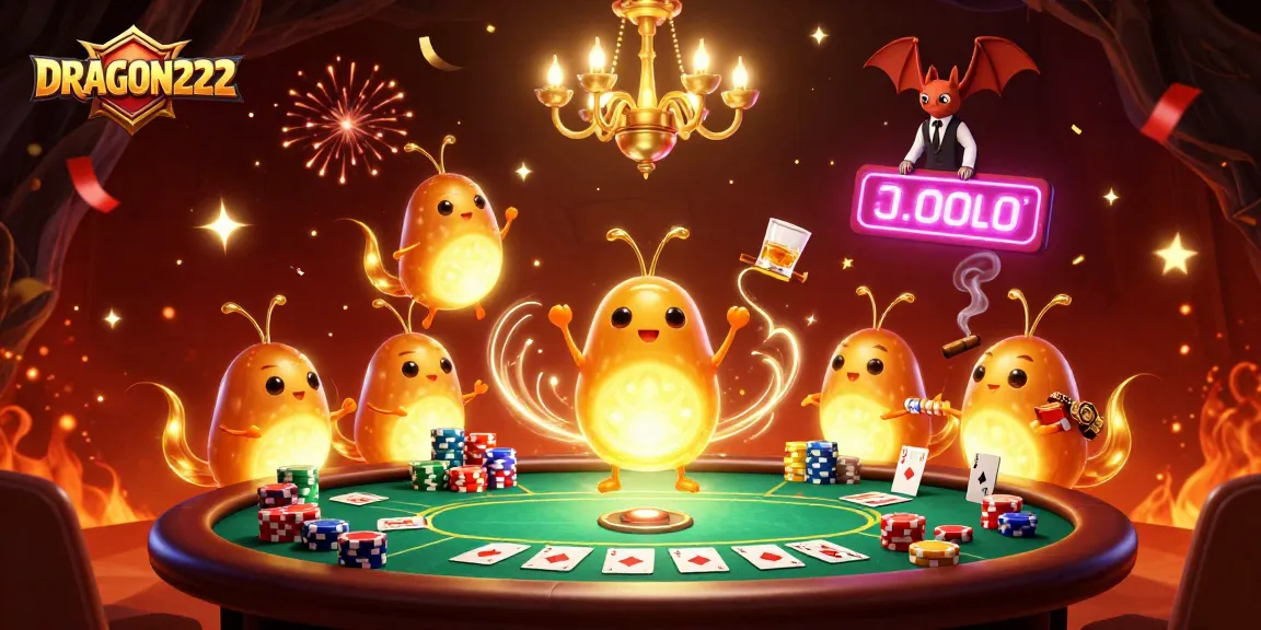 Win big with DRAGON222 in an illuminated casino atmosphere featuring cartoon glowworms and vibrant poker action.