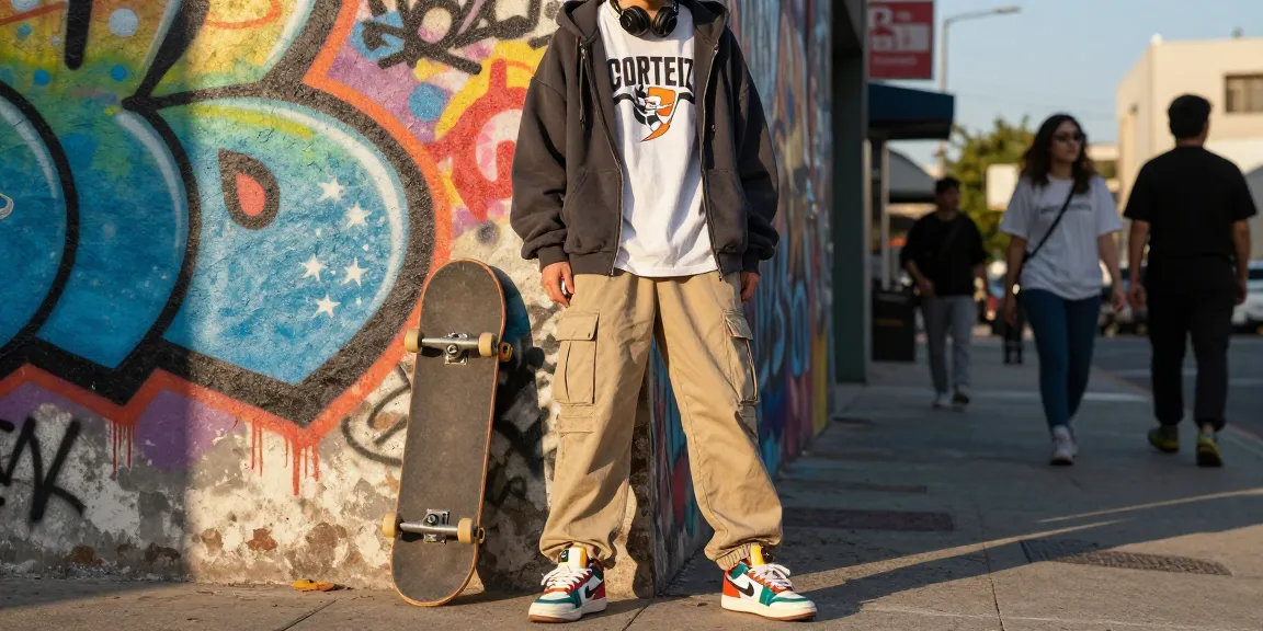 Corteiz streetwear fashion scene featuring cargo pants and hoodie against vibrant graffiti wall.