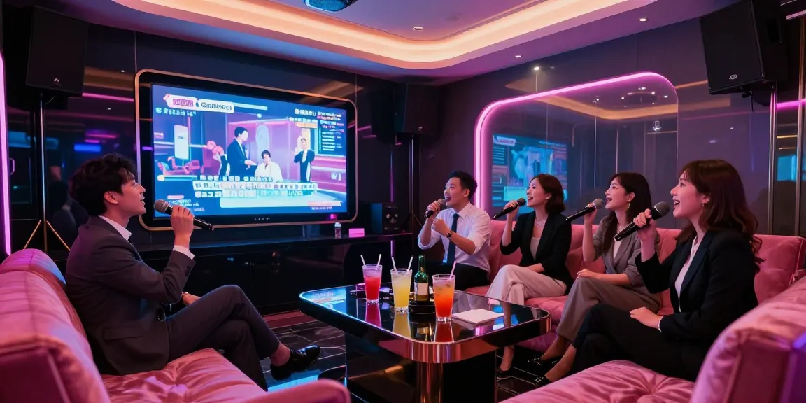 강남 가라오케에서 화려한 조명 속에서 노래를 즐기는 고급스러운 분위기의 모습
