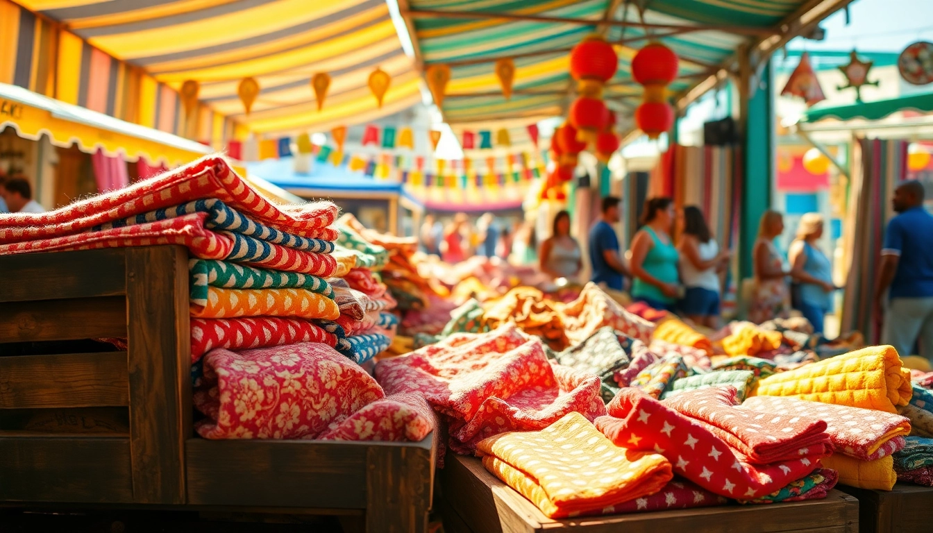 Wafel katoen in verschillende kleuren op een bruisende markt met blije shoppers.