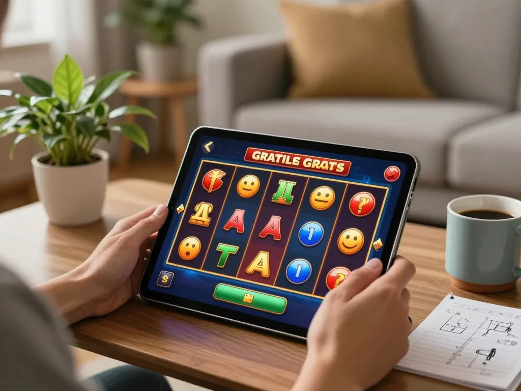 Playing slot gratis on a tablet in a cozy home setting with colorful spinning reels