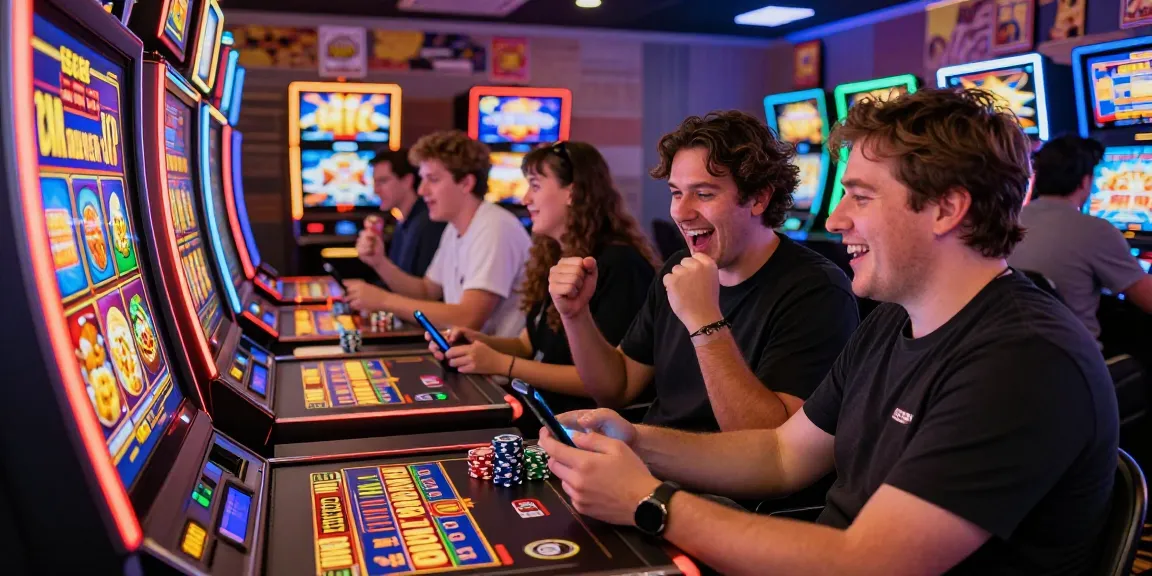 Players enjoying vibrant slot machines showcasing slot deposit 1000 offers in a lively casino atmosphere.