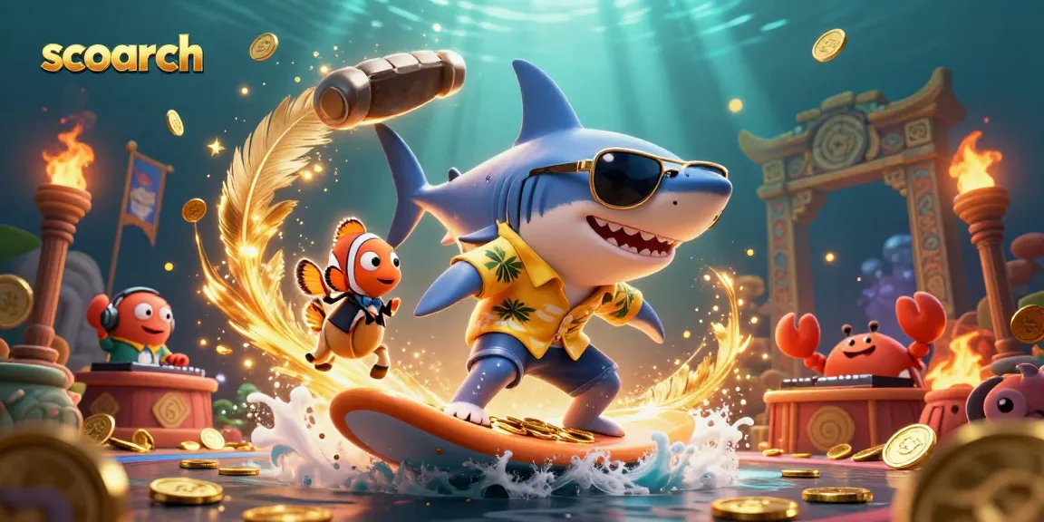 Scoarch integrates exciting online gambling with a vibrant 3D scene showcasing lively characters and gold coins.