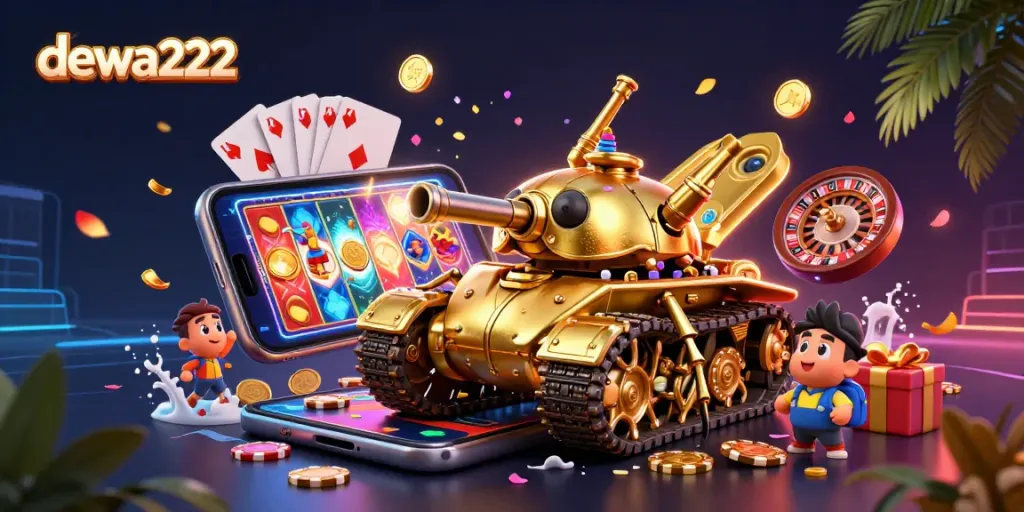 Play slots at dewa222 with a golden beetle casino illustration bursting with excitement and prizes!