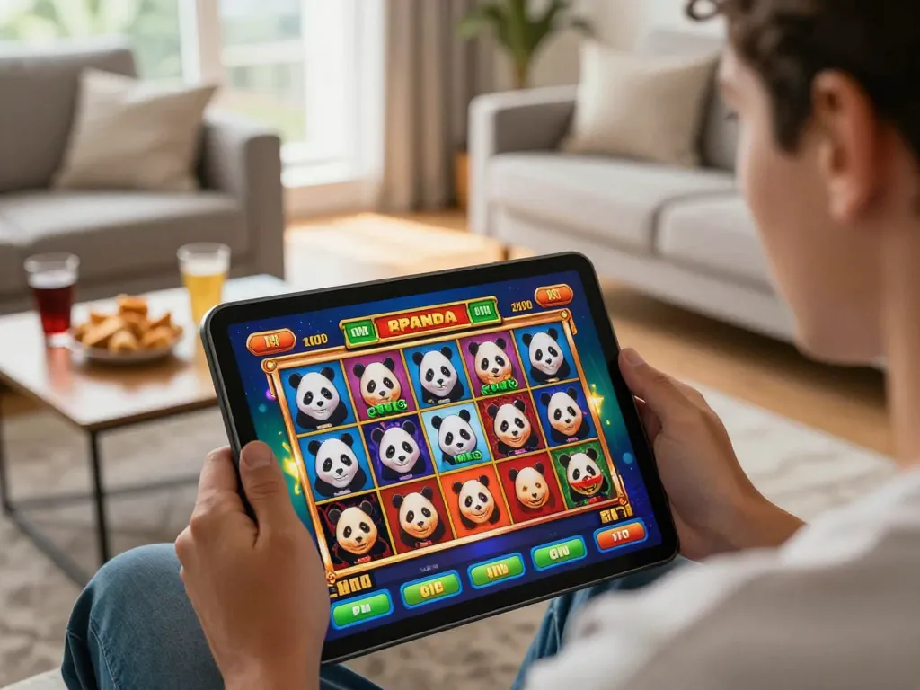 Engaging with the spin panda casino tablet interface during a vibrant online gaming session.