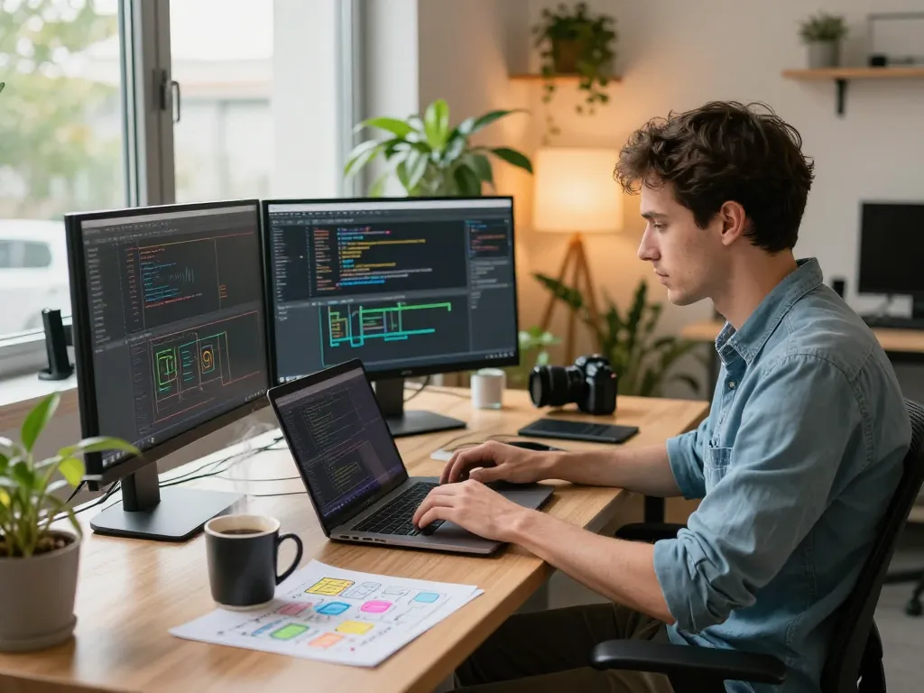 Developer coding with谷歌浏览器 on multiple monitors in a bright workspace, showcasing tech innovation.