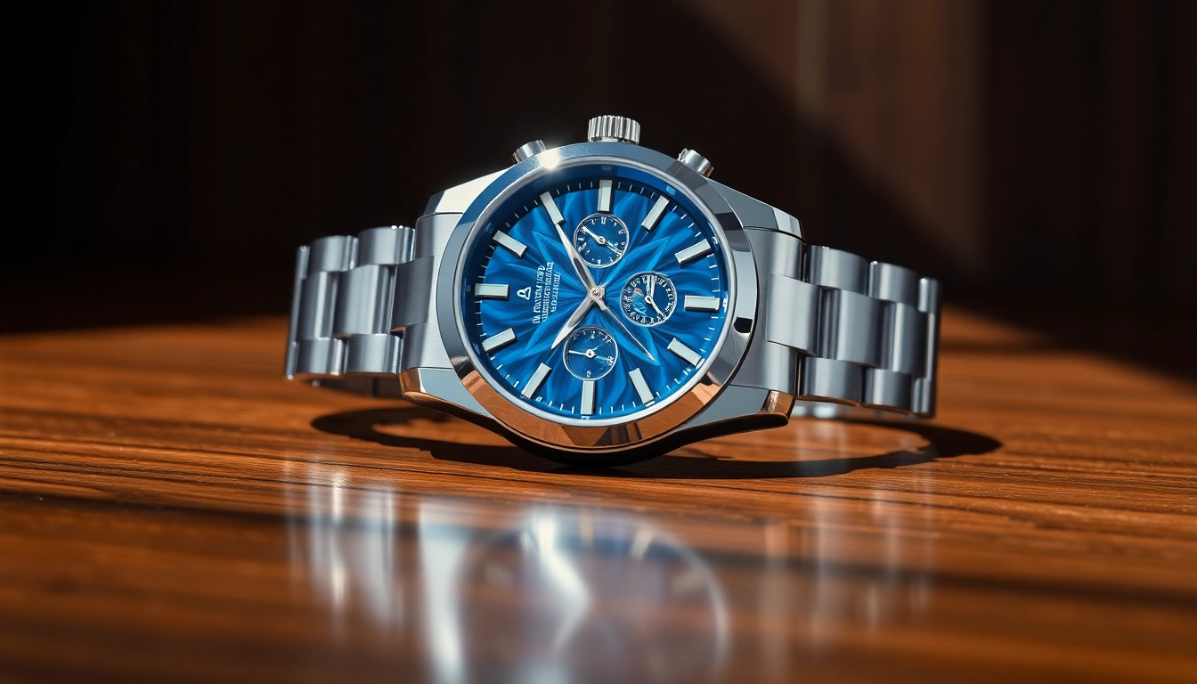 Admire this stunning replica watch with intricate details and vibrant blue dial.