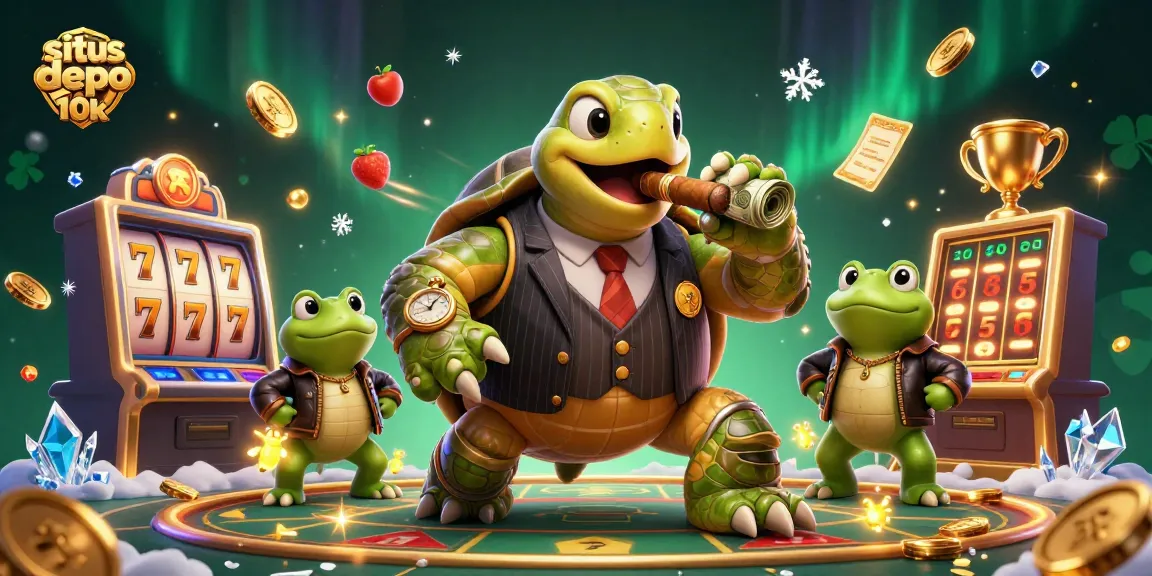 Engage with situs depo 10k through a lively 3D scene featuring a molester turtle and bullfrog enforcers amidst casino elements.