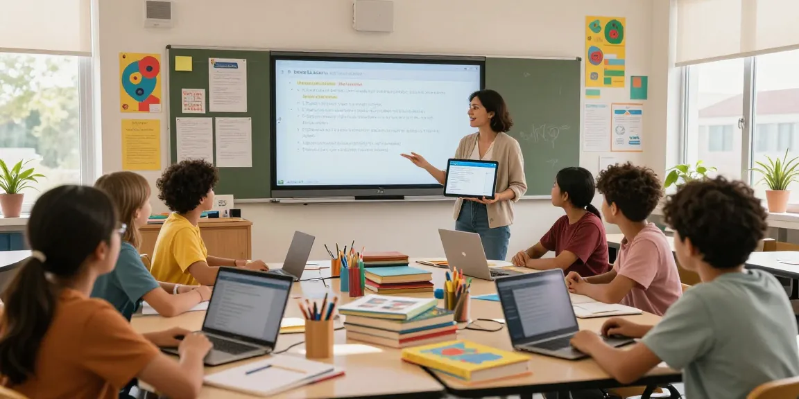 A collaborative classroom using EMStudio's online teacher planner, with engaged students and a teacher presenting lesson plans.