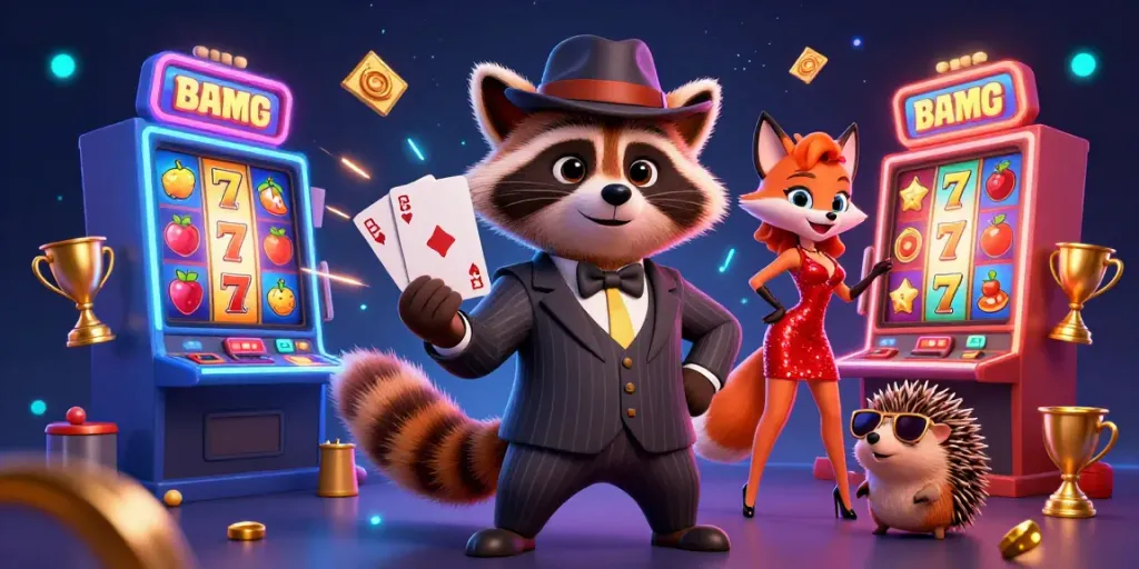 Engage with NOHU's vibrant casino scene featuring raccoon and friends celebrating jackpot wins with slot machines.