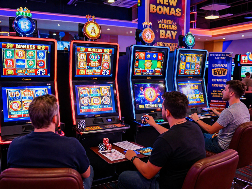 Excited players in a vibrant online casino setting exploring buy bonus spins slots, surrounded by colorful game graphics and casino chips.