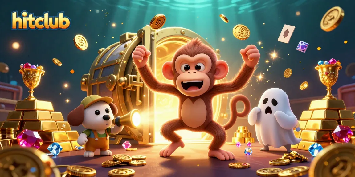 Experience hitclub's magical casino with a mischievous monkey and ghost-hunter puppy amidst golden treasures.