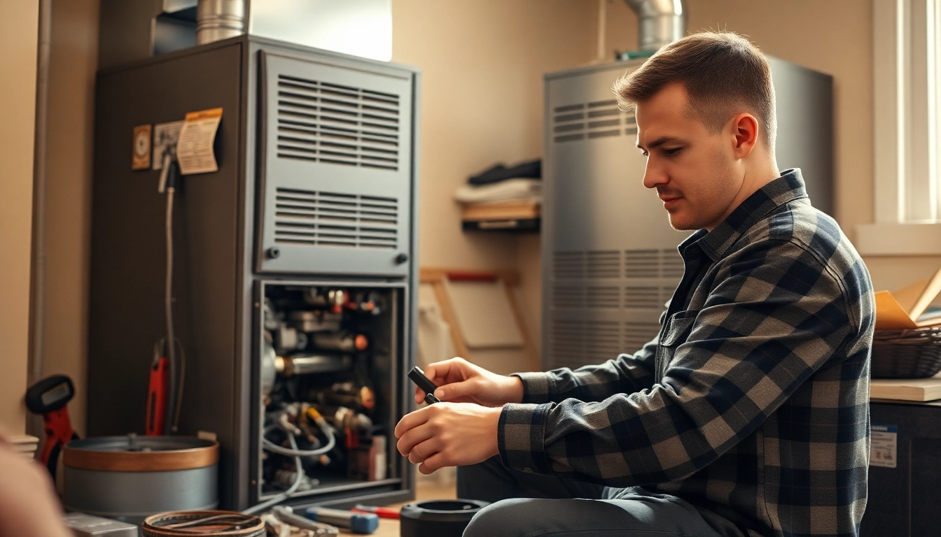 Technician providing furnace repair near me in a well-lit home, showcasing expertise and warmth.