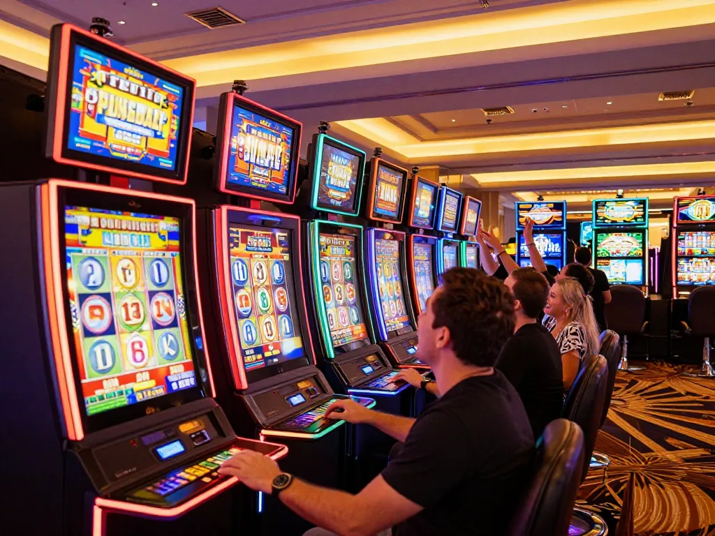 Players cheering at colorful slot machines, highlighting excitement at vipwin casino.