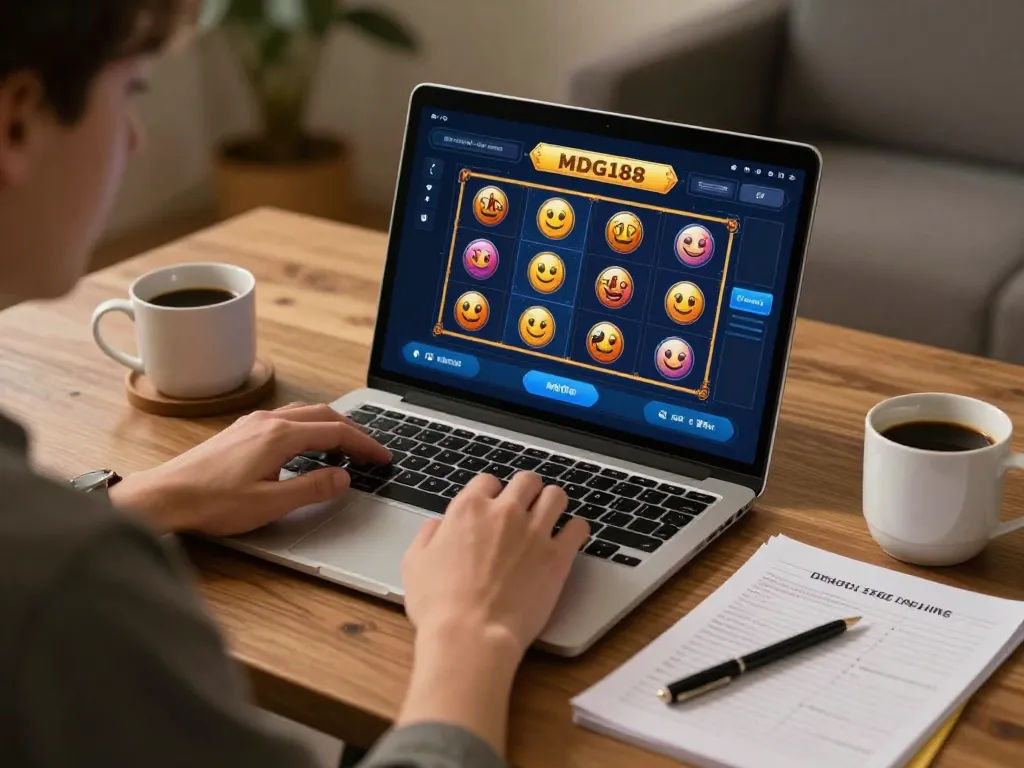 Engaging with MDG188 slot gameplay on a laptop at home, showcasing responsible gaming strategies