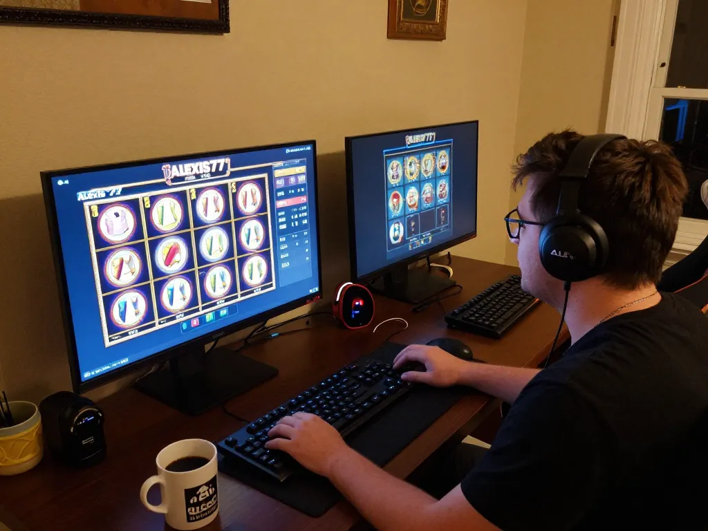 Player enjoying vibrant alexis77 slot games on a cozy home setup.