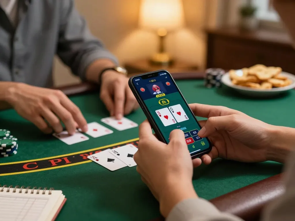 Player enjoying an online blackjack game on a smartphone, showcasing king garuda's strategies for responsible gaming.