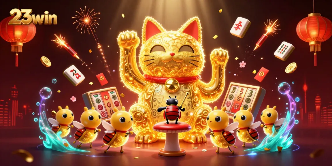 Experience the excitement of 23win’s online casino with a vibrant lucky cat surrounded by dynamic gaming symbols.