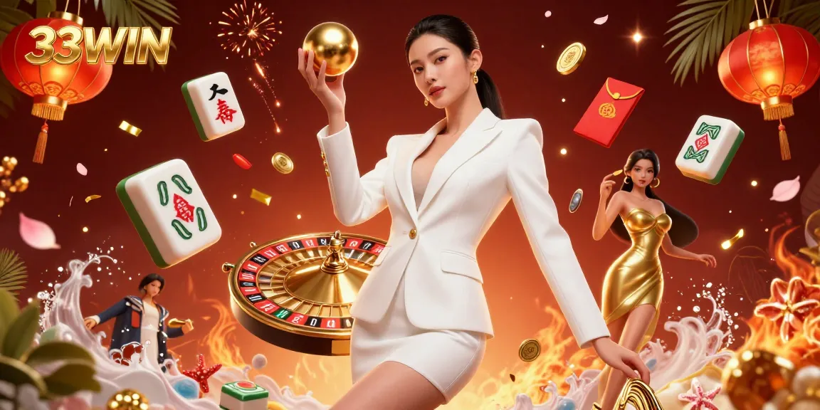 Engage with the vibrant world of 33WIN casino featuring a stylish Asian woman holding a golden roulette ball.