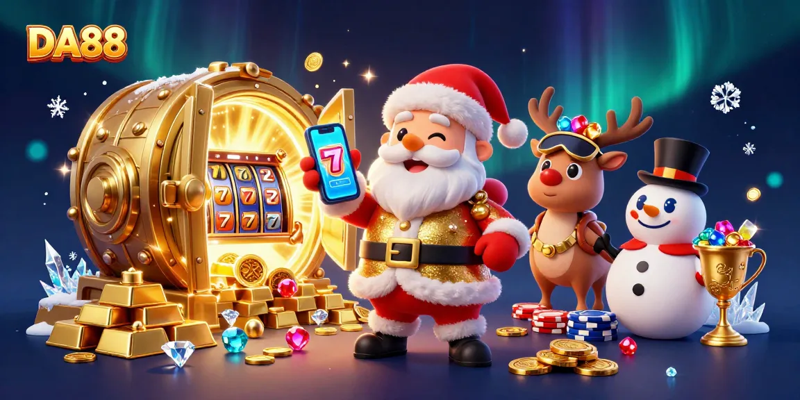Experience the excitement of DA88 with Santa and friends celebrating jackpot wins in a vibrant casino.