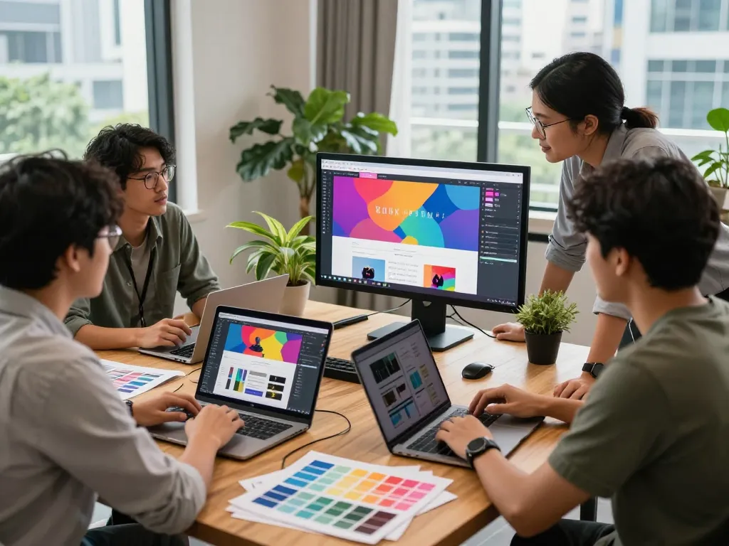 Creative team collaboration with web designer Malaysia crafting responsive website prototypes in an inspiring studio.
